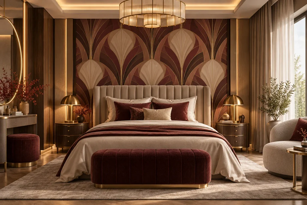 Elegáns Art Deco hálószoba gesztenye ihlette geometrikus falmintával, bordó bársonytextíliákkal, aranyszínű lámpákkal és sötét fabútorokkal.