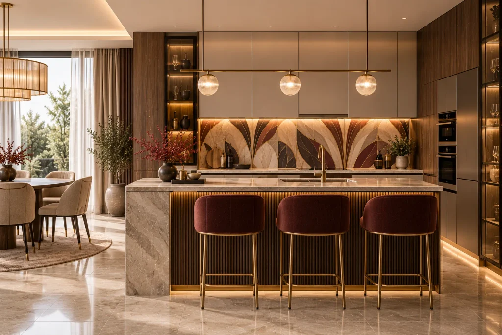 Elegáns Art Deco konyha burgundi színű bútorfrontokkal, aranyszínű részletekkel, márványfelületekkel és gesztenye ihlette dekoratív motívumokkal.